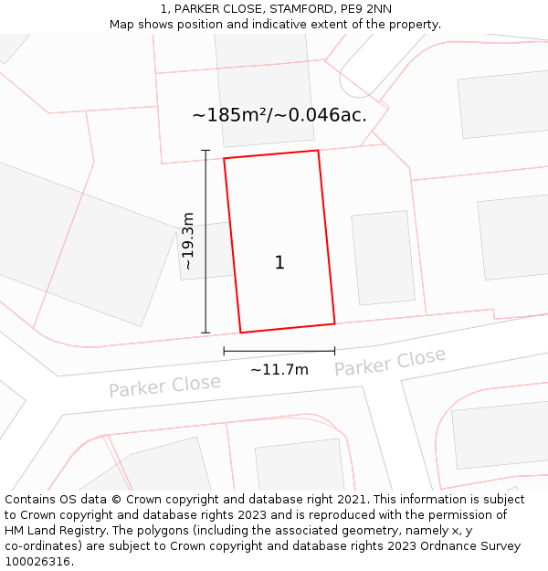 1, PARKER CLOSE, STAMFORD, PE9 2NN: Plot and title map