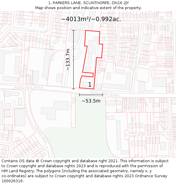 1, PARKERS LANE, SCUNTHORPE, DN16 2JY: Plot and title map