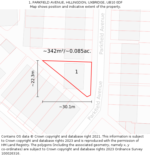 1, PARKFIELD AVENUE, HILLINGDON, UXBRIDGE, UB10 0DF: Plot and title map