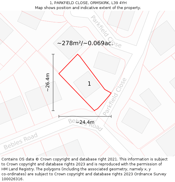 1, PARKFIELD CLOSE, ORMSKIRK, L39 4YH: Plot and title map