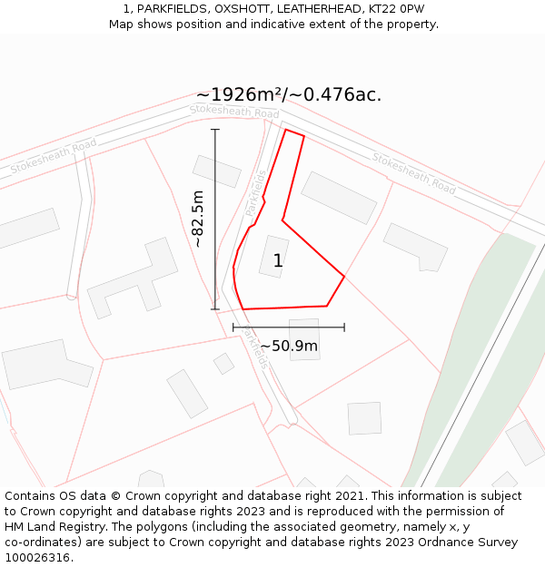 1, PARKFIELDS, OXSHOTT, LEATHERHEAD, KT22 0PW: Plot and title map