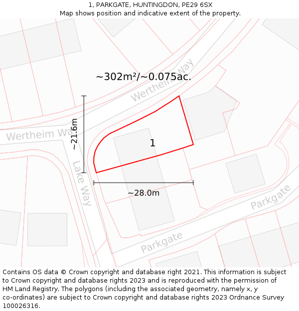 1, PARKGATE, HUNTINGDON, PE29 6SX: Plot and title map