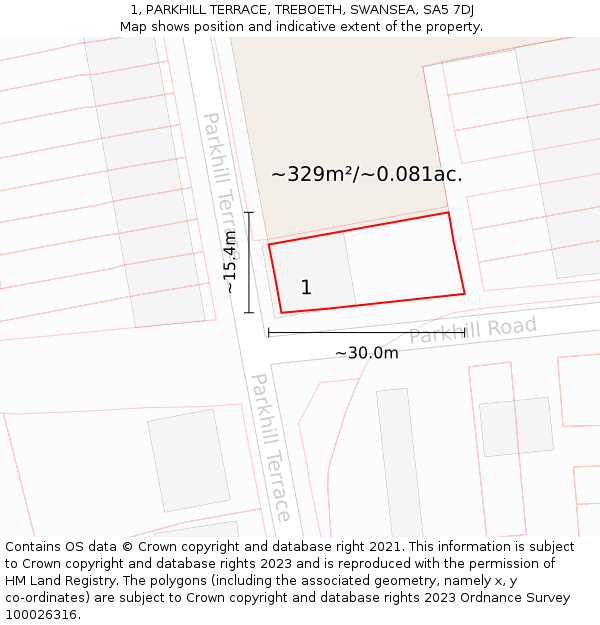 1, PARKHILL TERRACE, TREBOETH, SWANSEA, SA5 7DJ: Plot and title map