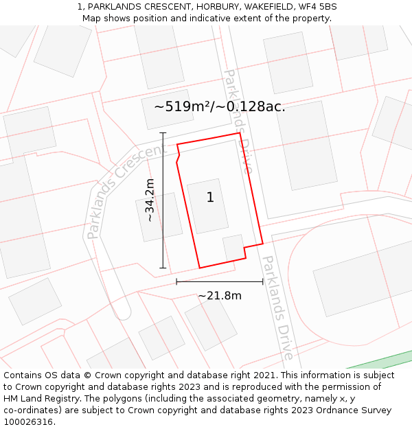 1, PARKLANDS CRESCENT, HORBURY, WAKEFIELD, WF4 5BS: Plot and title map