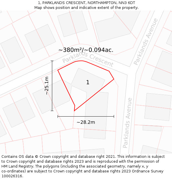 1, PARKLANDS CRESCENT, NORTHAMPTON, NN3 6DT: Plot and title map