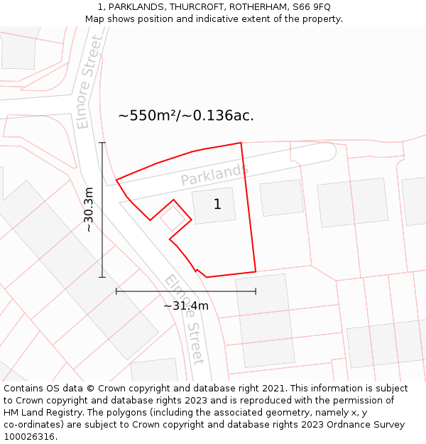 1, PARKLANDS, THURCROFT, ROTHERHAM, S66 9FQ: Plot and title map