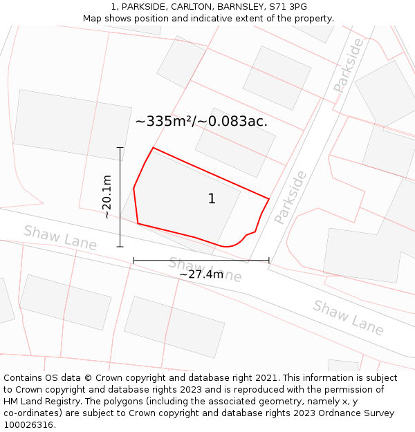 1, PARKSIDE, CARLTON, BARNSLEY, S71 3PG: Plot and title map