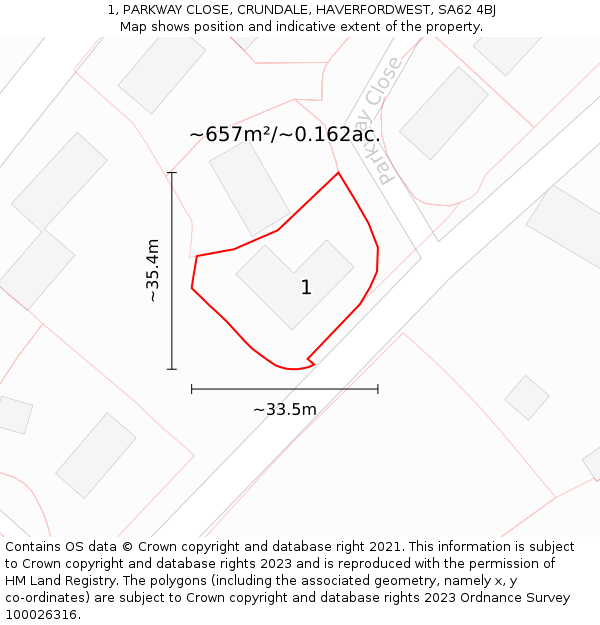 1, PARKWAY CLOSE, CRUNDALE, HAVERFORDWEST, SA62 4BJ: Plot and title map