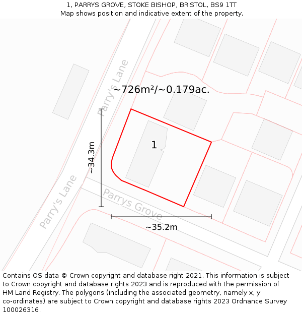 1, PARRYS GROVE, STOKE BISHOP, BRISTOL, BS9 1TT: Plot and title map