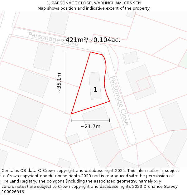 1, PARSONAGE CLOSE, WARLINGHAM, CR6 9EN: Plot and title map