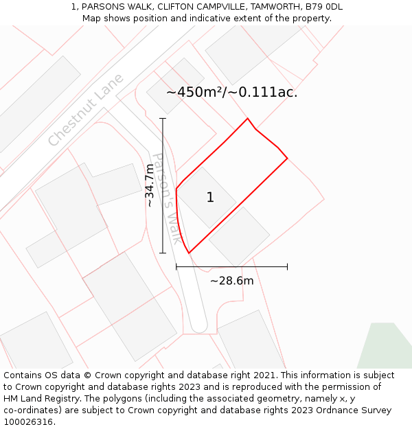 1, PARSONS WALK, CLIFTON CAMPVILLE, TAMWORTH, B79 0DL: Plot and title map