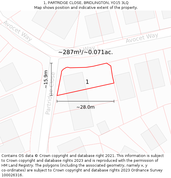 1, PARTRIDGE CLOSE, BRIDLINGTON, YO15 3LQ: Plot and title map