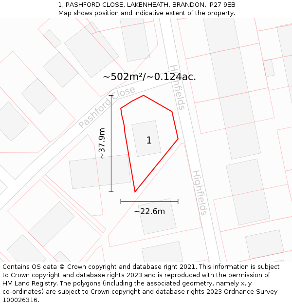 1, PASHFORD CLOSE, LAKENHEATH, BRANDON, IP27 9EB: Plot and title map