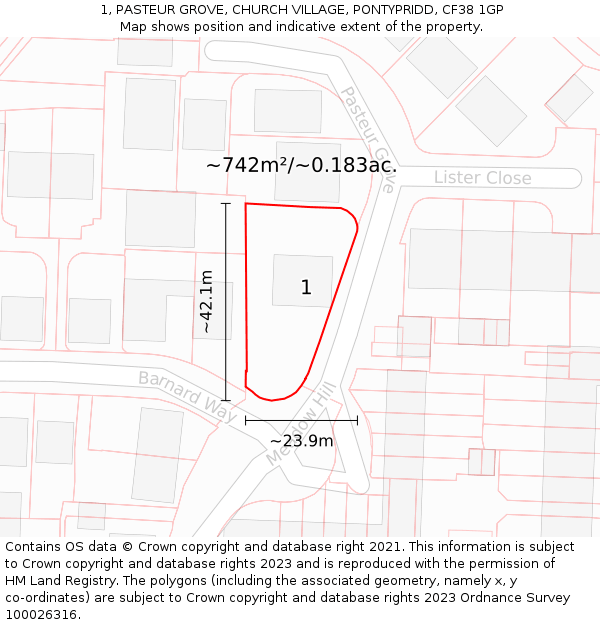 1, PASTEUR GROVE, CHURCH VILLAGE, PONTYPRIDD, CF38 1GP: Plot and title map