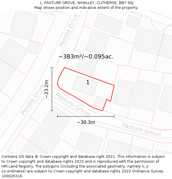 1, PASTURE GROVE, WHALLEY, CLITHEROE, BB7 9SJ: Plot and title map