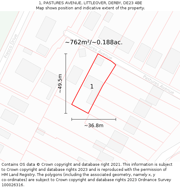 1, PASTURES AVENUE, LITTLEOVER, DERBY, DE23 4BE: Plot and title map