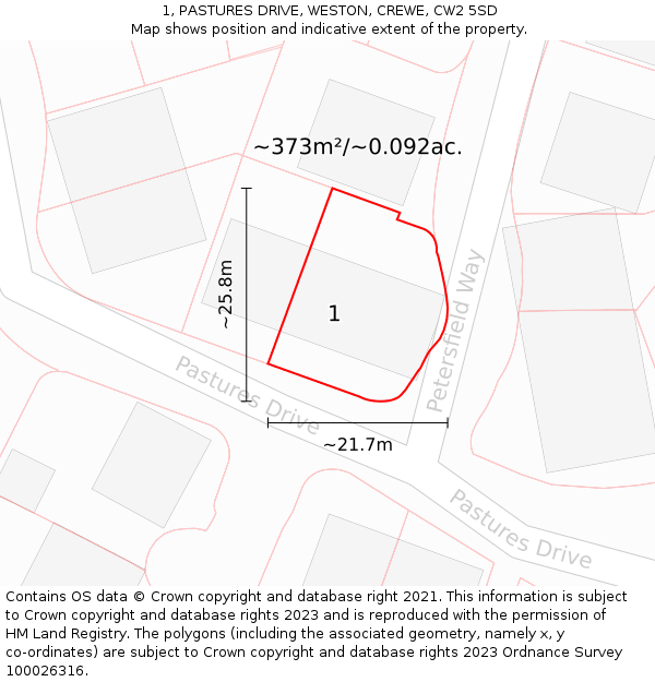 1, PASTURES DRIVE, WESTON, CREWE, CW2 5SD: Plot and title map