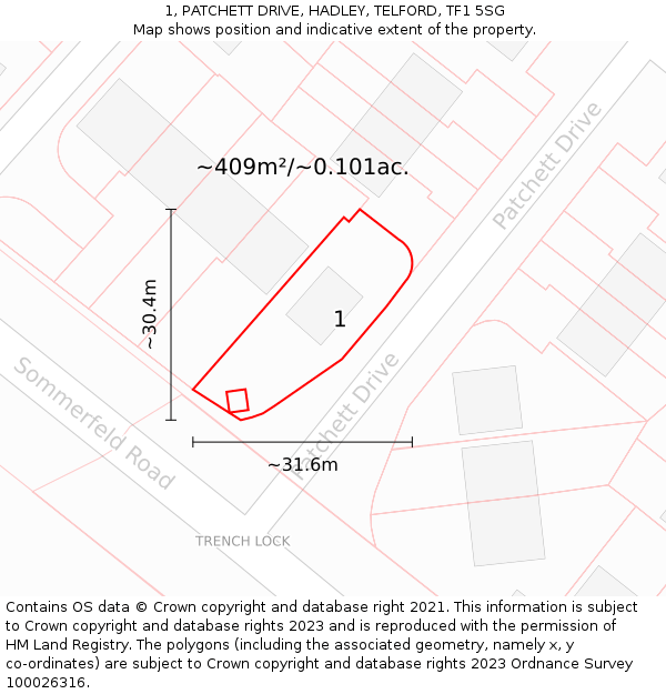 1, PATCHETT DRIVE, HADLEY, TELFORD, TF1 5SG: Plot and title map