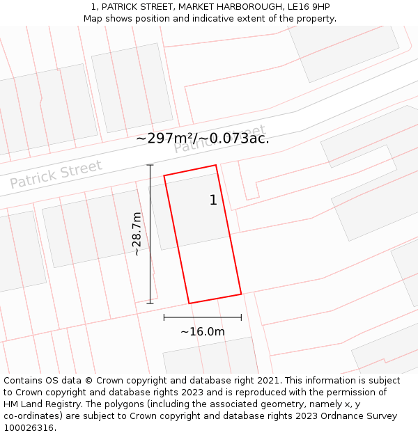 1, PATRICK STREET, MARKET HARBOROUGH, LE16 9HP: Plot and title map