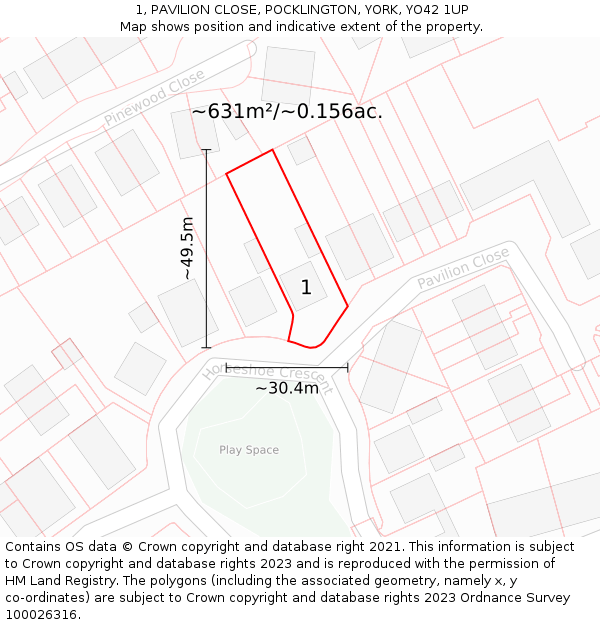 1, PAVILION CLOSE, POCKLINGTON, YORK, YO42 1UP: Plot and title map