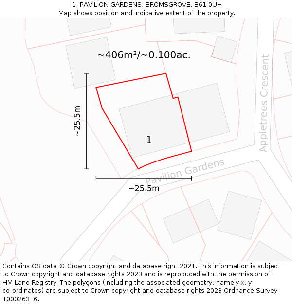 1, PAVILION GARDENS, BROMSGROVE, B61 0UH: Plot and title map