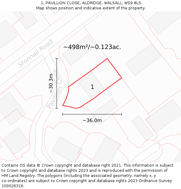 1, PAVILLION CLOSE, ALDRIDGE, WALSALL, WS9 8LS: Plot and title map