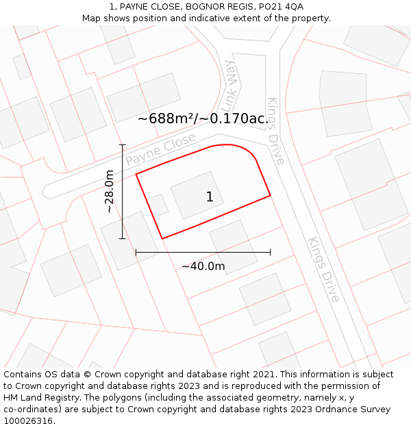 1, PAYNE CLOSE, BOGNOR REGIS, PO21 4QA: Plot and title map