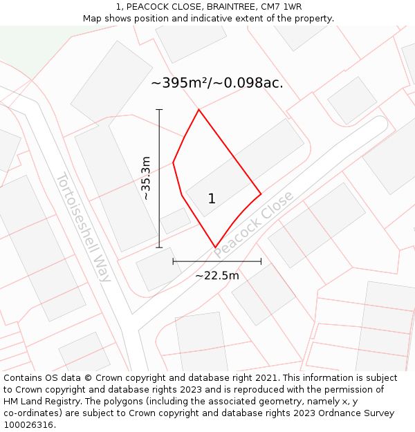 1, PEACOCK CLOSE, BRAINTREE, CM7 1WR: Plot and title map