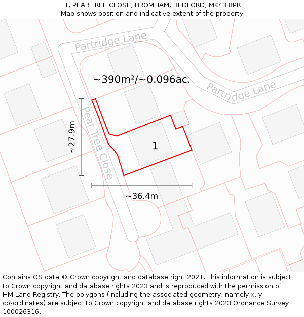 1, PEAR TREE CLOSE, BROMHAM, BEDFORD, MK43 8PR: Plot and title map