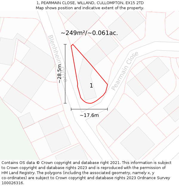 1, PEARMAIN CLOSE, WILLAND, CULLOMPTON, EX15 2TD: Plot and title map