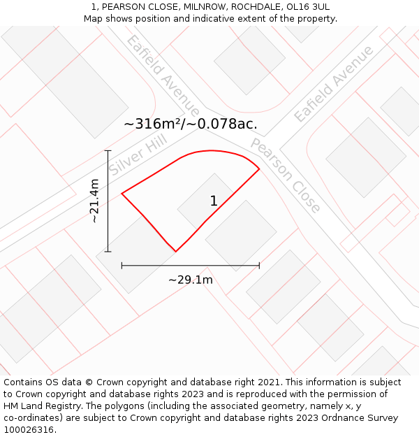 1, PEARSON CLOSE, MILNROW, ROCHDALE, OL16 3UL: Plot and title map