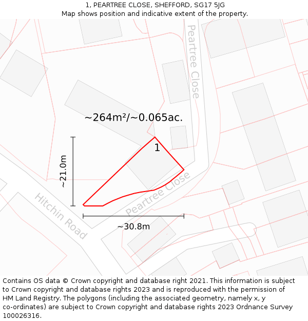 1, PEARTREE CLOSE, SHEFFORD, SG17 5JG: Plot and title map