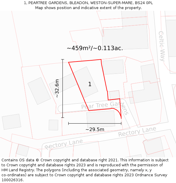 1, PEARTREE GARDENS, BLEADON, WESTON-SUPER-MARE, BS24 0PL: Plot and title map