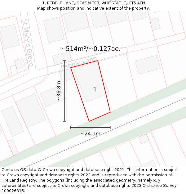 1, PEBBLE LANE, SEASALTER, WHITSTABLE, CT5 4FN: Plot and title map