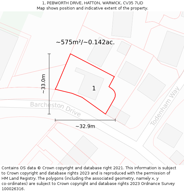 1, PEBWORTH DRIVE, HATTON, WARWICK, CV35 7UD: Plot and title map