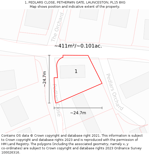 1, PEDLARS CLOSE, PETHERWIN GATE, LAUNCESTON, PL15 8XG: Plot and title map