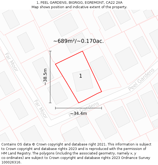 1, PEEL GARDENS, BIGRIGG, EGREMONT, CA22 2XA: Plot and title map