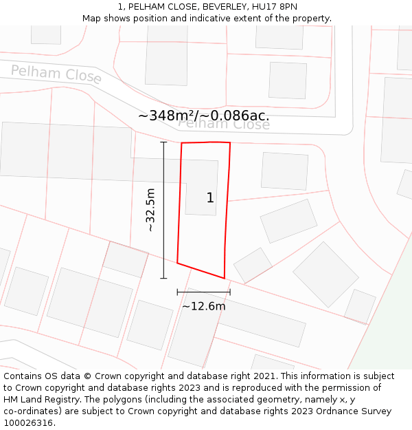 1, PELHAM CLOSE, BEVERLEY, HU17 8PN: Plot and title map