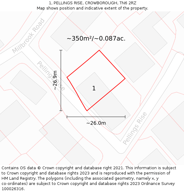 1, PELLINGS RISE, CROWBOROUGH, TN6 2RZ: Plot and title map