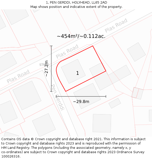 1, PEN GERDDI, HOLYHEAD, LL65 2AD: Plot and title map