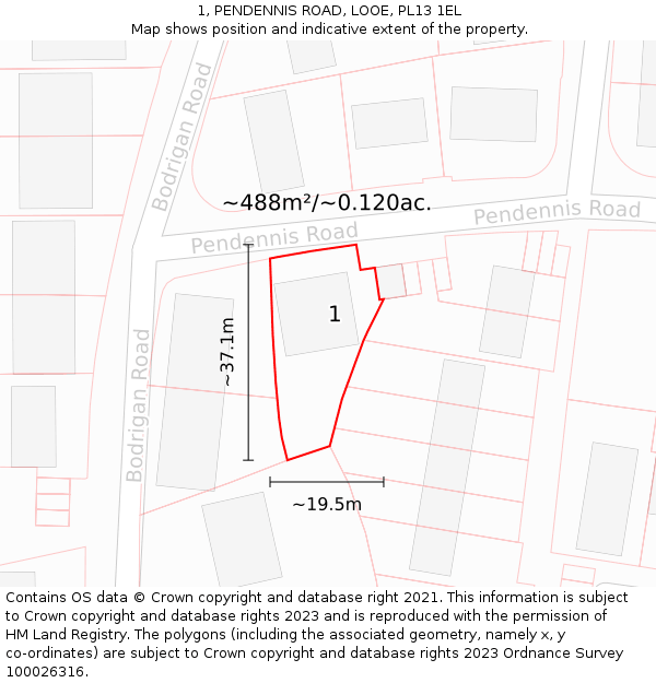 1, PENDENNIS ROAD, LOOE, PL13 1EL: Plot and title map