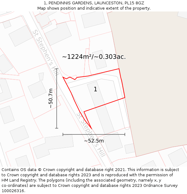 1, PENDINNIS GARDENS, LAUNCESTON, PL15 8GZ: Plot and title map