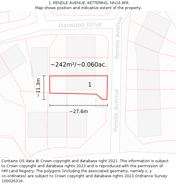 1, PENDLE AVENUE, KETTERING, NN16 9FA: Plot and title map