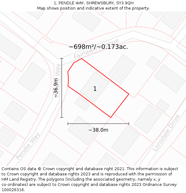 1, PENDLE WAY, SHREWSBURY, SY3 9QH: Plot and title map