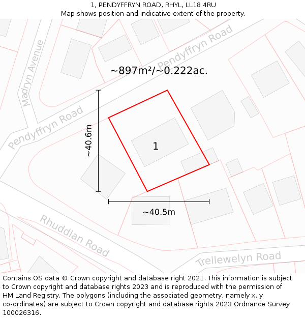 1, PENDYFFRYN ROAD, RHYL, LL18 4RU: Plot and title map