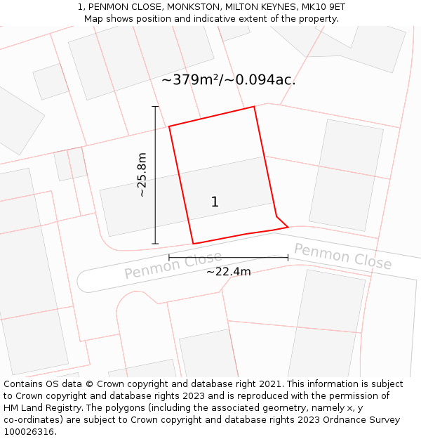 1, PENMON CLOSE, MONKSTON, MILTON KEYNES, MK10 9ET: Plot and title map