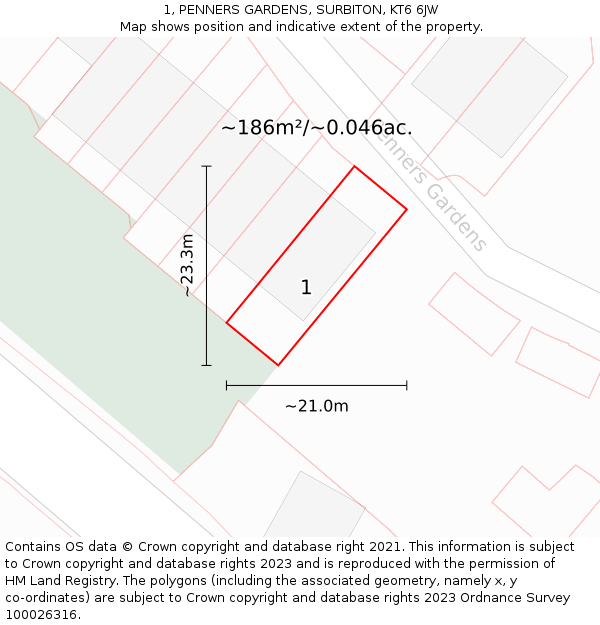 1, PENNERS GARDENS, SURBITON, KT6 6JW: Plot and title map