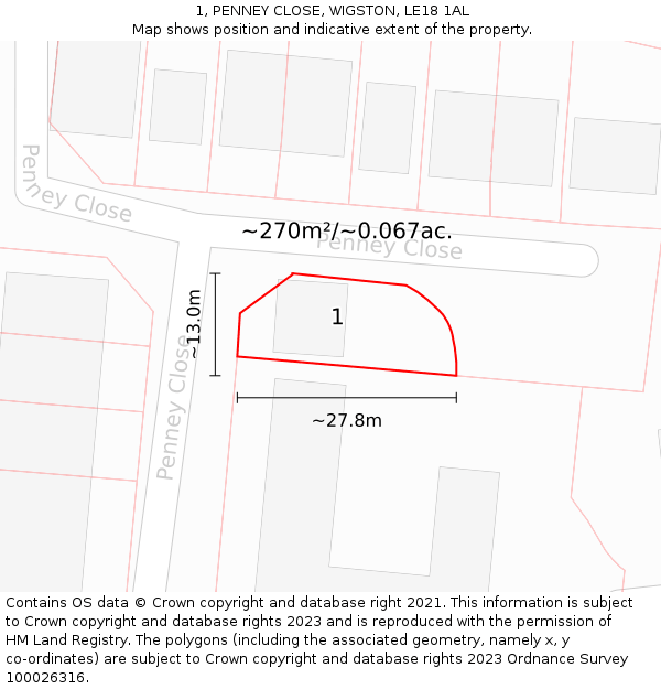 1, PENNEY CLOSE, WIGSTON, LE18 1AL: Plot and title map