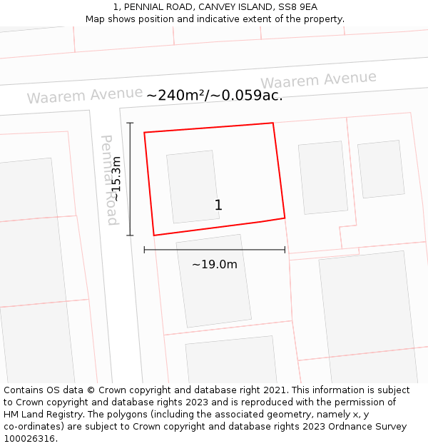 1, PENNIAL ROAD, CANVEY ISLAND, SS8 9EA: Plot and title map