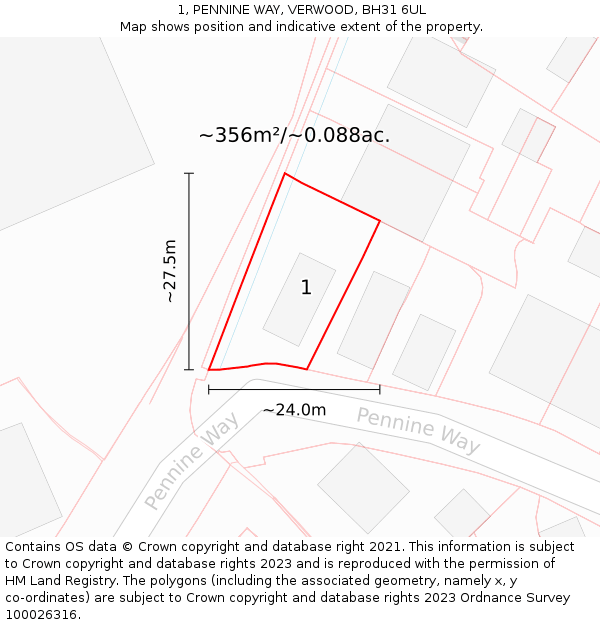 1, PENNINE WAY, VERWOOD, BH31 6UL: Plot and title map